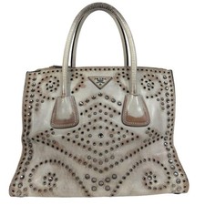 PRADA Vitello Leather Handbag Cream Vintage Tote Bag with Studs picture