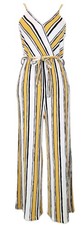 LOVE TREE SzL Sleeveless VNeck Wide Leg Belted Jumpsuit Romper Yellow B&W Stripe picture