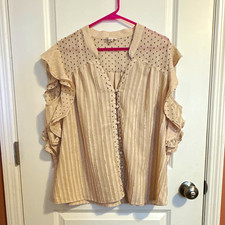 Tribal Jeans Women's XL Beige/Black Striped V-Neck Button Front Ruffle Blouse picture