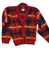 Vintage Honors Kids Plaid Knit Cardigan Sweater Size 4 Red Blue Yellow 90s picture
