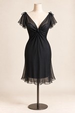 Vintage Black Silk Cocktail Dress Short Sheer Flutter Sleeves V Neck Size S picture