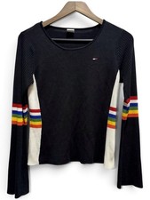 Vintage 2001 Y2K Tommy Jeans Rainbow Stripe Bell Sleeve Top L picture