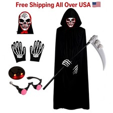 New Halloween Grim Reaper Costume for Kids, Glowing Red Eyes Mask Gloves, Fast  picture