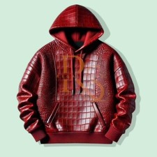 Men's Red Crocodile Print Leather Hoodie Genuine Soft Lambskin Leather Hoodie picture