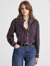 Madewell NWT Long Button Up Shirt in Stripe Poplin Burgundy Navy White Piping S picture