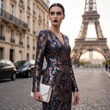 NWT JS Collections Metallic Brocade Sequin Dress Size 8 Teal Blue Gold Cocktail picture