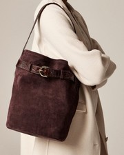 J.Crew Berkeley Belted Bucket Bag Purse Suede w Croc Embossed Leather Brown NWT picture