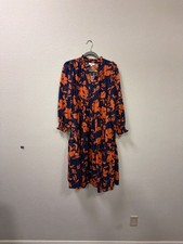 Umgee Floral Tiered Midi Dress Size S Navy Orange Ruffled Long Sleeve picture