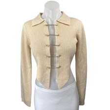 NEW Rehab Lab Beige Ribbed Knit Long Sleeve Pin Collar Cardigan Crop Top Size S picture