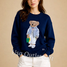 POLO PALPH LAUREN Polo Dark Blue Stripes Polo Bear Sweater Women L, NWT picture