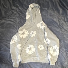 DENIM TEARS Gray Pullover Hoodie White Graphic Print Pockets Long Sleeve S picture