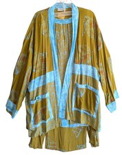 Vtg Iguana 3 Pc Kimono Jacket Skirt Tank Rayon Batik Olive Green Vacation Resort picture
