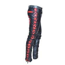 Men's Real Leather Bikers Pants Side And Front Laces Up Contrast Leather Pants picture