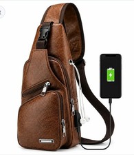 Men's Brown Sling Bag Crossbody Shoulder Chest Backpack USB Port Travel Casual picture