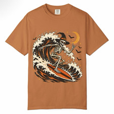 Multicolor Unisex Adults Skeleton Surfer Halloween Graphic Crew Neck Cotton Tee picture