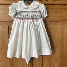 Vintage Hand Smocked Christmas Dress, White With Red/Green, 2 Back Buttons,Sash picture