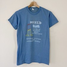 Vintage 70's Mixed Bag Art Funny Fashion Milford Massachusetts Blue Tee Shirt S picture