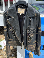 Size S Wilsons Vintage Women’s Dark Brown Leather Biker Jacket Zip Lace-Up picture