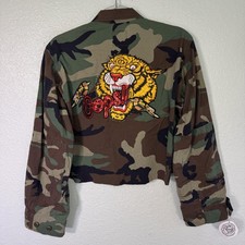 Vintage Camo Jacket Womens Small Upcycled Tiger Flames Heart Military Custom picture