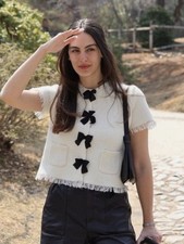 Zara Cream Knit Short-Sleeve Cardigan with Black Bow Accents NWT Size L picture