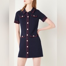 NWT Maje Rosie Contrast-Stitch Knit Shirtdress Mini Blue Cotton Women's Size 34 picture