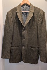 VTG Tweed Jacket Mens 48R Green Herringbone 3 Button Slim Fit Wool Blazer Jacket picture