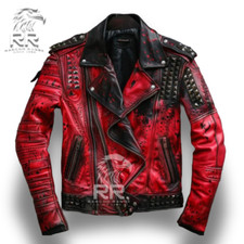 Men's Handmade & Hand Painted Punk Spiked Studded Patches Style Leather Jacket picture
