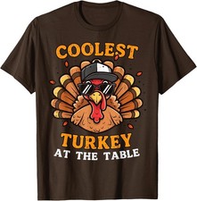Coolest Turkey at Table Thanksgiving Fall Design Fun Unisex T-Shirt picture