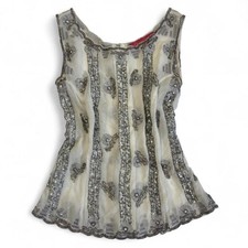Aftershock Women's Silk Beaded Top Cream Size M Silver Sequin Sleeveless Blouse picture