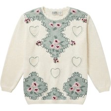 Classic Elements Vintage Hand Knitted Floral Heart Sweater Cream Green Medium picture