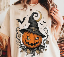 Vintage Witch Pumpkin T-Shirt, Gothic Halloween Jack O Lantern Graphic Tee picture