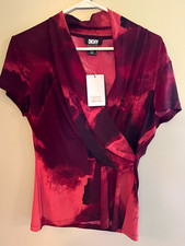 DKNY Wrap Blouse V-Neck Abstract Print Burgundy/Rust Jersey Stretch Tie M picture