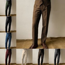 Mens Tweed Dress Pants Slacks Retro Wool Blend Adjustable Herringbone Trousers picture
