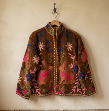 Handmade Suzani Embroidered Velvet Jacket Brown Rabbit Floral Boho Ethnic Coat picture