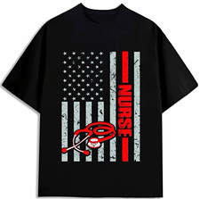 Unisex Black Cotton Crew Neck Short Sleeve Nurse American Flag Graphic T-Shirt picture