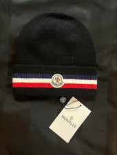 Moncler Black Wool Knit Beanie Hat Striped Cuff Logo Patch One Size picture