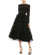 Mac Duggal Black Sequin Tiered Long Sleeve Tulle Cocktail Dress Size 6 $498 picture