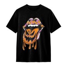 Halloween Pumpkin Lips Dripping Tongue Graphic Black Crewneck T-Shirt picture