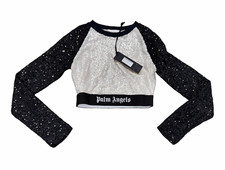 Palm Angels Classic Logo Sequin Crop Top Long Sleeve Silver Black M SS25 NWT picture