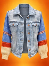 RARE OOAK Woman’s L Upcycled Denim Jacket Golden Girls Thug Life Knit Sleeves picture