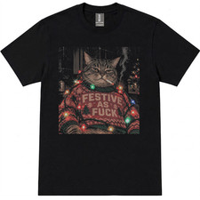 Retro Funny Black Cat Smoking Festive As FCK Meme Graphic T-Shirt picture