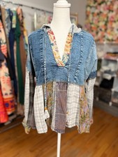 YOUNG THREADS Meraki Boho Patchwork Denim Hoodie Floral Plaid NWT Small picture