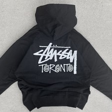 Stussy Men's M Black Pullover Hoodie Graphic Logo Pockets Toronto City picture