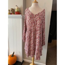 Torrid Size 2 Red Floral V-Neck Long Sleeve Babydoll Mini Dress Pockets Fall picture