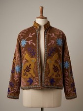Vintage Rabbit Embroidered Velvet Jacket Brown Bunny Boho Floral Coat Women picture
