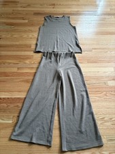 Zara Knit Pants Set Sleeveless Top Wide Leg Co-ord Lounge Grey-Brown Size M picture