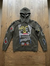Olive Green Artistic Graffiti Style Face Knit Hoodie with distressed hem picture
