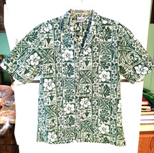 VTG MEN'S ROYAL CREATIONS GREEN FLORAL PRIMITIVE SYMBOLS HAWAIIAN SHIRT SIZE M picture