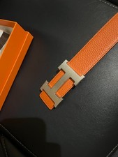 Hermes Men's Belt 32 Buckle silver with tags and Box Reversible Black/orange picture