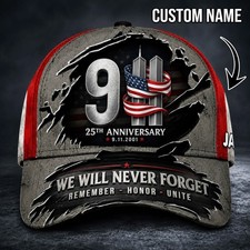 Custom 9/11 Never Forget Firefighter Cap 25th Anniversary Flag Hat Gift For Him picture